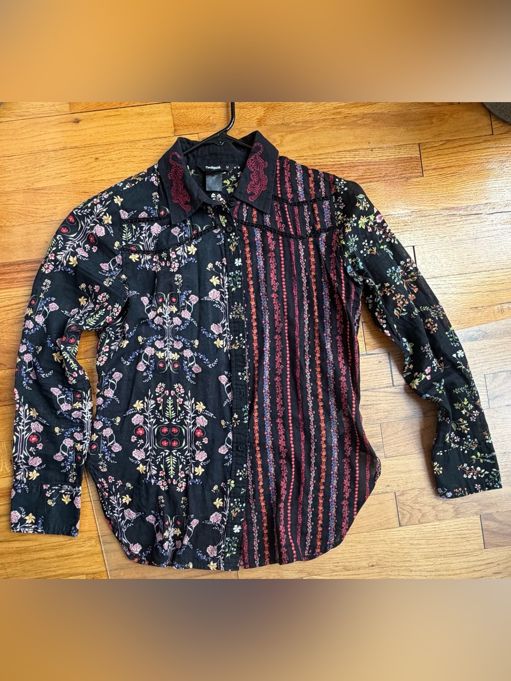 Desigual Black Floral & Red-Striped Button Down Shirt